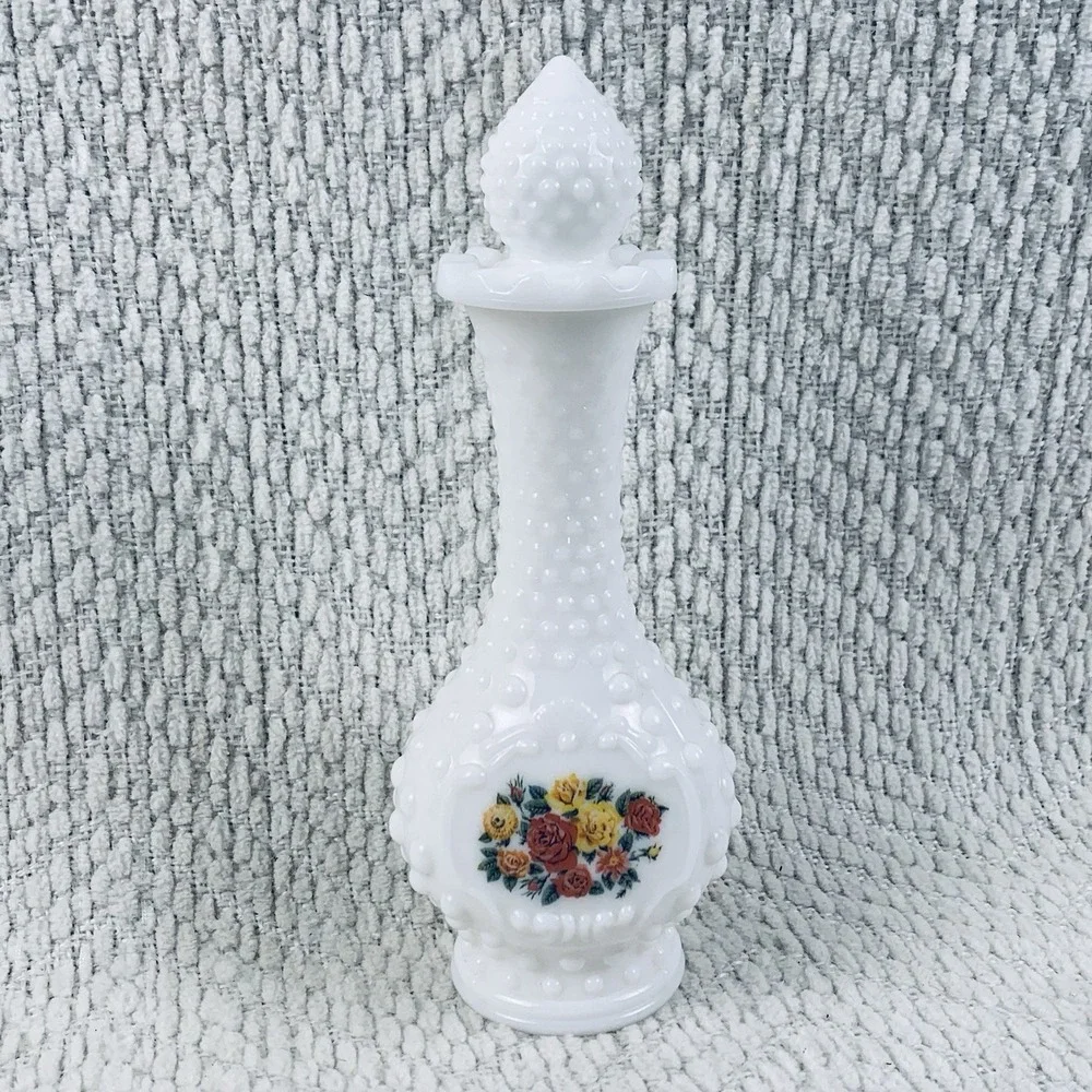 Vintage Hobnail Milk Glass Avon Cologne Bottle Decanter White Floral Flowers EUC